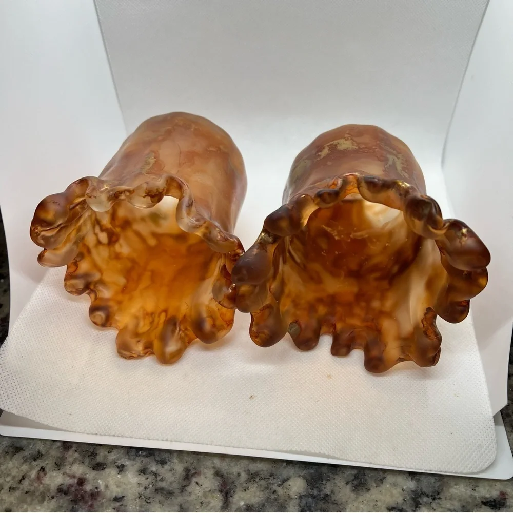 MCM Italian Swung Glass Candle Holders Amber with Metallic Swirls